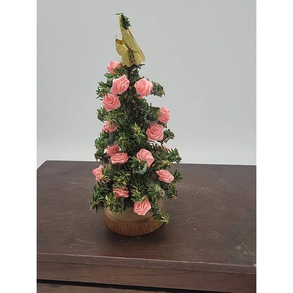 Vtg Pink Satin Rose Mini Christmas Tree With Gold Angel Topper Tiny House Small
